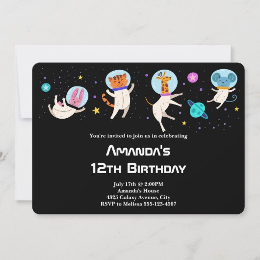 Invitation Animaux d'astronaute mignons flottant dans l'espac (Devant)