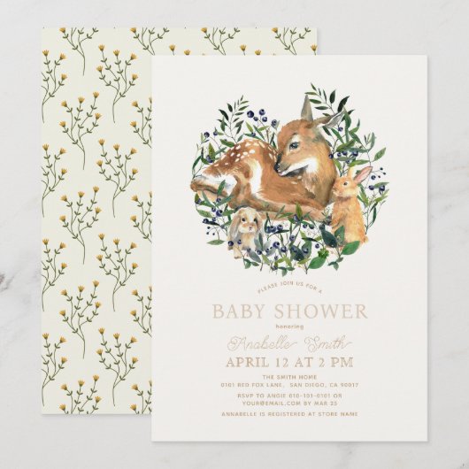 Invitation Animaux de bois Baby shower de végétation de lapin (Devant / Derrière)