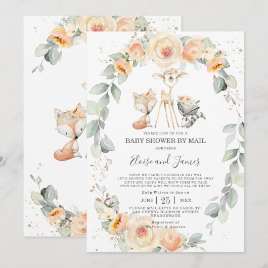 Invitation Animaux de bois Baby shower floral jaune par courr (Devant / Derrière)
