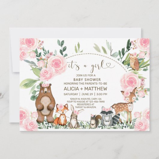 Invitation Animaux de bois baby shower invitation, roses rose (Devant)