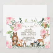 Invitation Animaux de bois baby shower invitation, roses rose (Devant / Derrière)