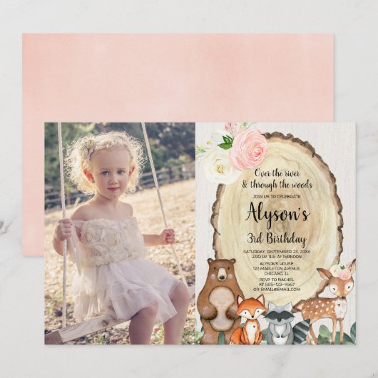 Invitation Animaux de bois fille florale rustique photo d'ann (Devant / Derrière)