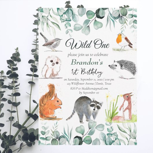 Invitation Animaux de bois mignons Eucalyptus Premier anniver