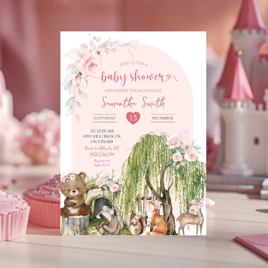 Invitation Animaux de bois rose Enchantés Baby shower foresti