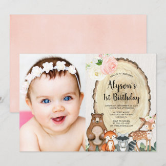 Invitation Animaux de bois rustique floral rose verdure fille