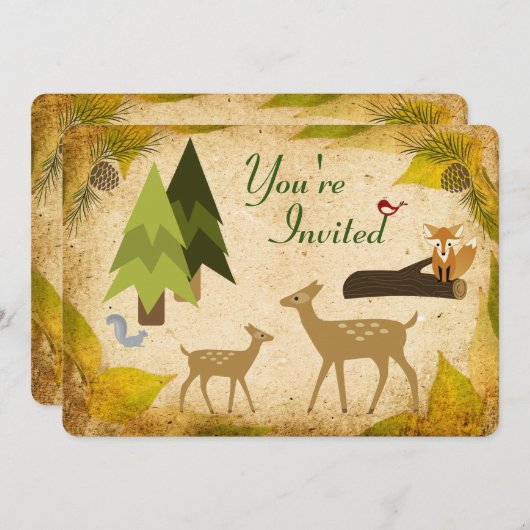 Invitation Animaux de cerfs et de forêts 1er anniversaire Inv (Devant / Derrière)