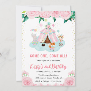 Invitation Animaux de cirque Fleurs rose aquarelle Anniversai