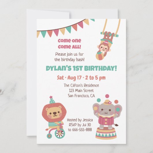 Invitation Animaux de cirque mignons pour fête d'anniversaire (Devant)