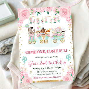 Invitation Animaux de cirque rose aquarelle pour fête d'anniv