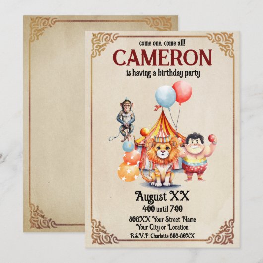 Invitation Animaux de cirque vintage mignons (Devant / Derrière)