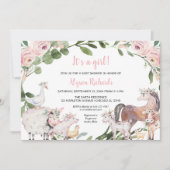 Invitation Animaux de ferme aquarelle florale fille baby show (Devant)