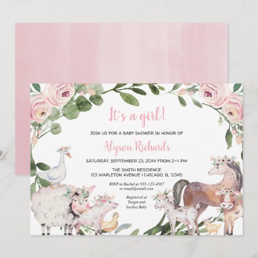 Invitation Animaux de ferme aquarelle florale fille baby show (Devant / Derrière)