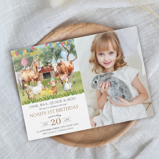 Invitation Animaux de ferme Aquarelle Photo fête d'anniversai