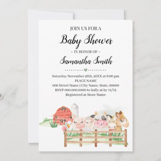 Invitation Animaux de ferme Baby shower Animaux de campagne (Devant)