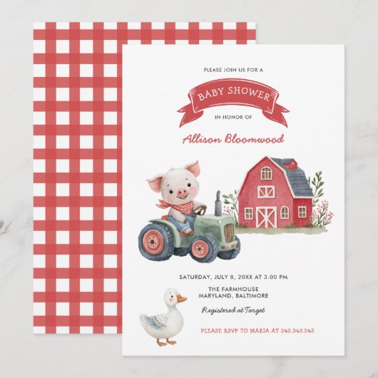 Invitation Animaux de ferme Baby shower Barnyard (Devant / Derrière)