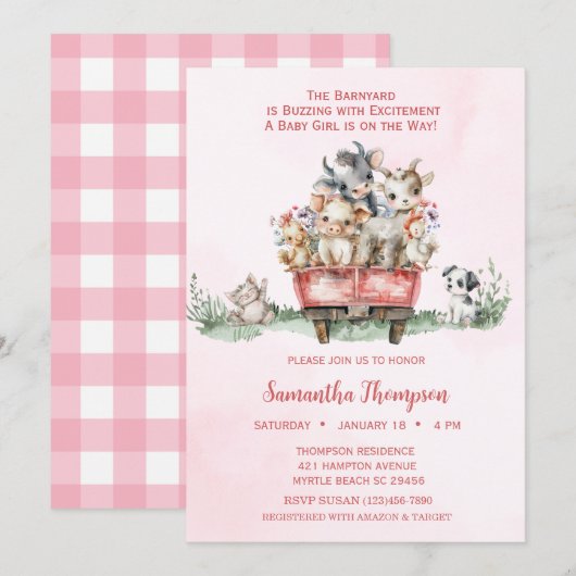 Invitation Animaux de ferme Baby shower de camion rose (Devant / Derrière)