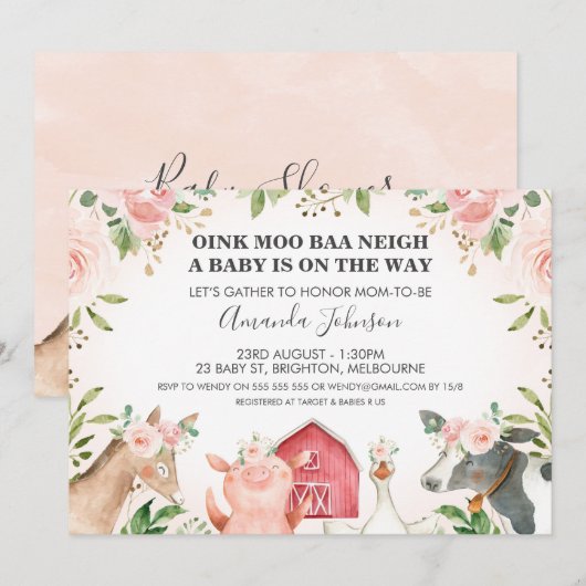 Invitation Animaux de ferme Baby shower rose floral Invitatio (Devant / Derrière)