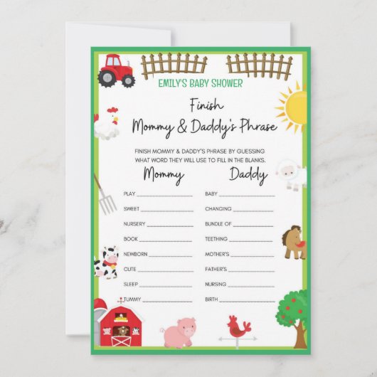 Invitation Animaux de ferme Baby shower Taille du jeu Invitat (Devant)