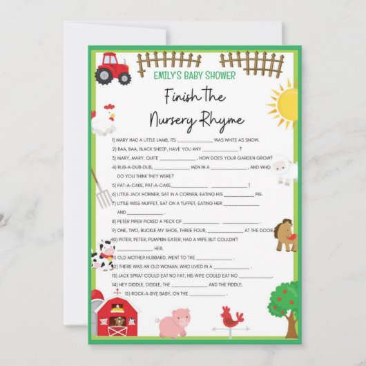 Invitation Animaux de ferme Baby shower Taille du jeu Invitat (Devant)