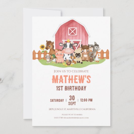 Invitation Animaux de ferme Barnyard 1er 2e anniversaire (Devant)