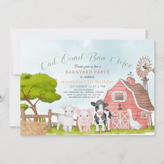 Invitation Animaux de ferme Barnyard Aquarelle 1er anniversai (Devant)