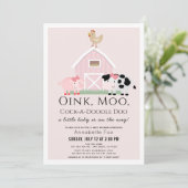 Invitation Animaux de ferme Barnyard Baby shower fille rose (Debout devant)