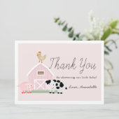 Invitation Animaux de ferme Barnyard Baby shower rose Merci (Debout devant)