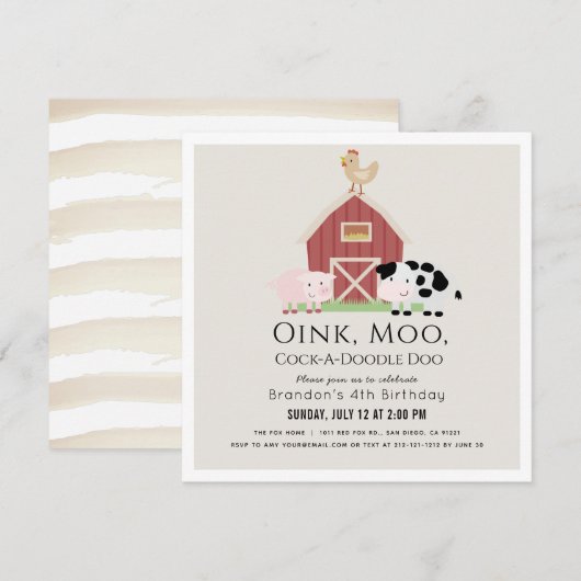 Invitation Animaux de ferme Barnyard Beige Carré d'anniversai (Devant / Derrière)