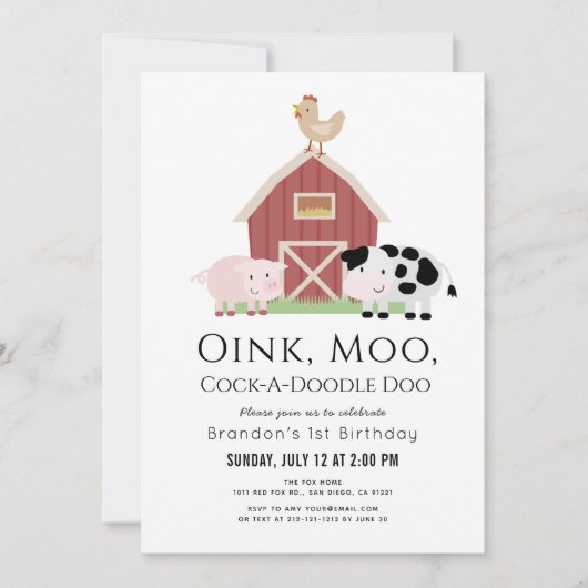 Invitation Animaux de ferme Barnyard Blanc 1er anniversaire (Devant)
