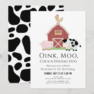 Invitation Animaux de ferme Barnyard Blanc 1er anniversaire