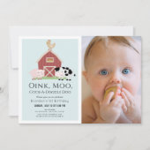 Invitation Animaux de ferme Barnyard Blue Boy Photo 1er anniv (Devant)