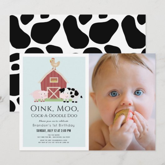 Invitation Animaux de ferme Barnyard Blue Boy Photo 1er anniv (Devant / Derrière)