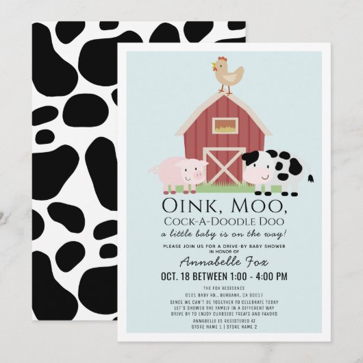 Invitation Animaux de ferme Barnyard Blue Drive Baby shower (Devant / Derrière)