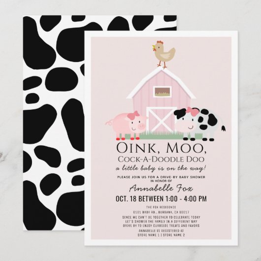 Invitation Animaux de ferme Barnyard Pink Baby shower Drive-b (Devant / Derrière)