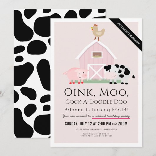 Invitation Animaux de ferme Barnyard Rose Girl Anniversaire v (Devant / Derrière)