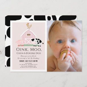 Invitation Animaux de ferme Barnyard Rose Girl Photo 1er anni
