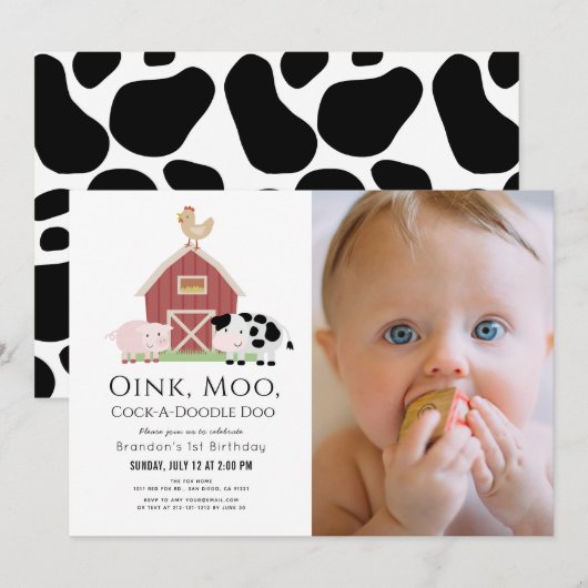 Invitation Animaux de ferme Barnyard White Photo 1er annivers (Devant / Derrière)