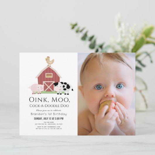 Invitation Animaux de ferme Barnyard White Photo 1er Annivers (Debout devant)