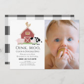 Invitation Animaux de ferme Barnyard White Photo 1er Annivers (Devant / Derrière)
