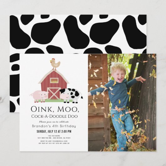 Invitation Animaux de ferme Barnyard White Photo Anniversaire (Devant / Derrière)