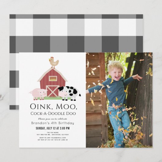 Invitation Animaux de ferme Barnyard White Photo Anniversaire (Devant / Derrière)