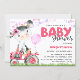 Invitation Animaux de ferme Bébé Fille Vache Baby shower Invi