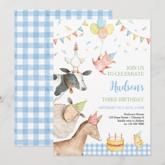 Invitation Animaux de ferme Blue Barnyard Girl Boy 3e anniver (Devant / Derrière)