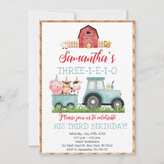 Invitation Animaux de ferme Blue Boy Barnyard Fête d'annivers (Devant)