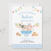Invitation Animaux de ferme Blue En vichy Garçon fille premie (Devant)