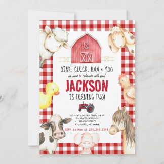 Invitation Animaux de ferme Boy Red En vichy Barnyard Birthda