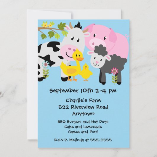 Invitation Animaux de ferme Cochon Canard Vache Hay Grange An (Dos)