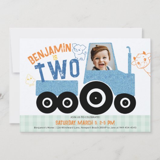 Invitation Animaux de ferme Denim Tractor mignonne Photo 2e a (Devant)