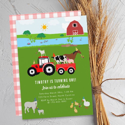 Invitation Animaux de ferme et tracteur rouge Thème de fête d