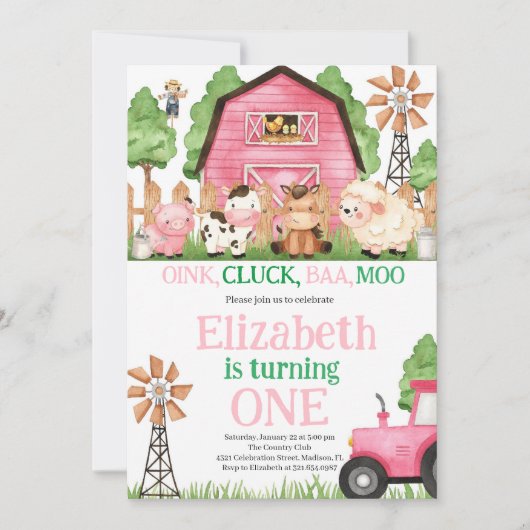 Invitation Animaux de ferme Fille rose Barnyard fête d'annive (Devant)